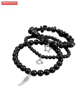 Handcrafted Crystal Chip Stone 3-Piece Stacking Bracelet Set with Star Moon